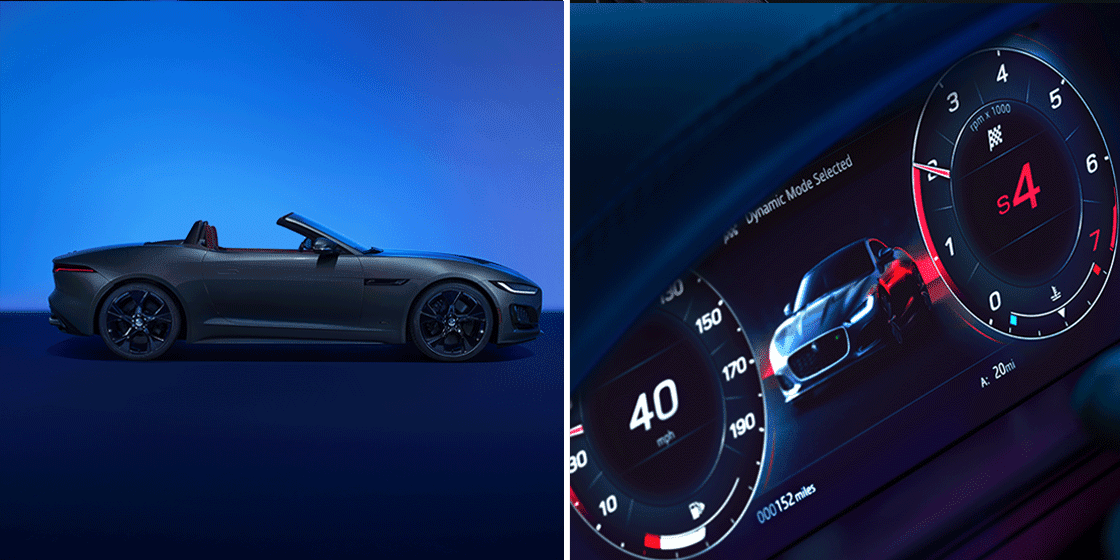 Convertible sports car side view with a digital dashboard displaying speed and RPM gauges.