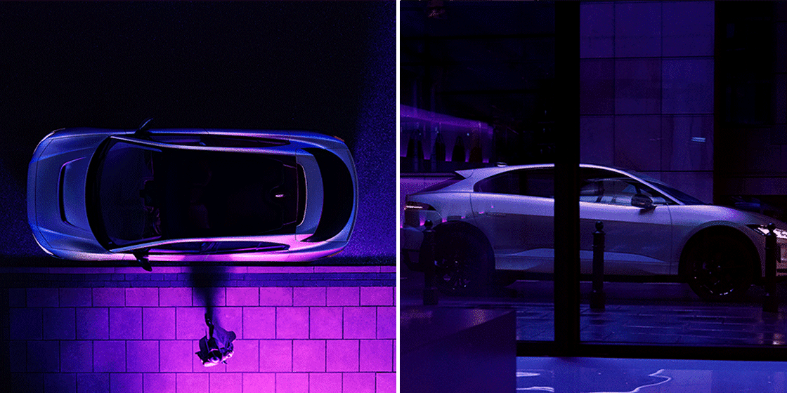 Top view and side view of a sleek car under purple lights, next to a person on pavement.