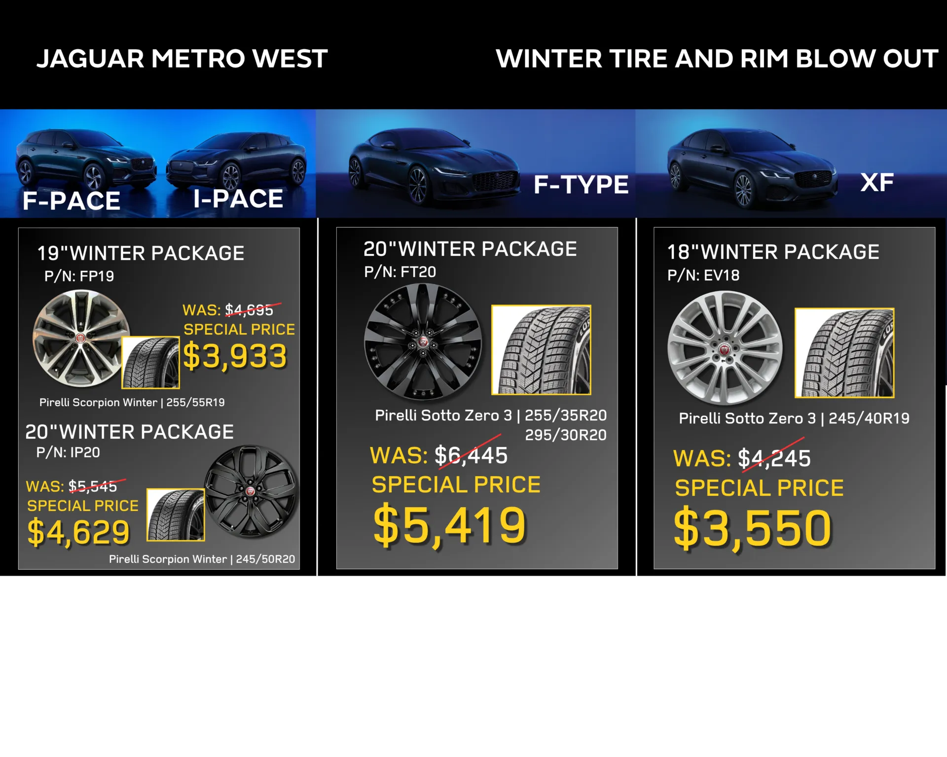 Jaguar Metro West winter tire and rim sale featuring models F-PACE, I-PACE, F-TYPE, and XF with discounted prices.